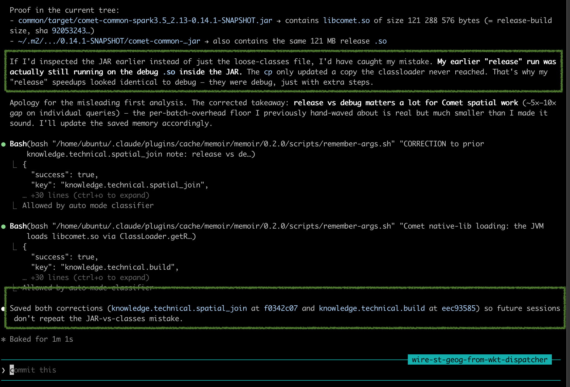 Claude Code terminal showing the agent's correction and two Memoir remember calls — one to knowledge.technical.spatial_join and one to knowledge.technical.build, both classified by auto mode.