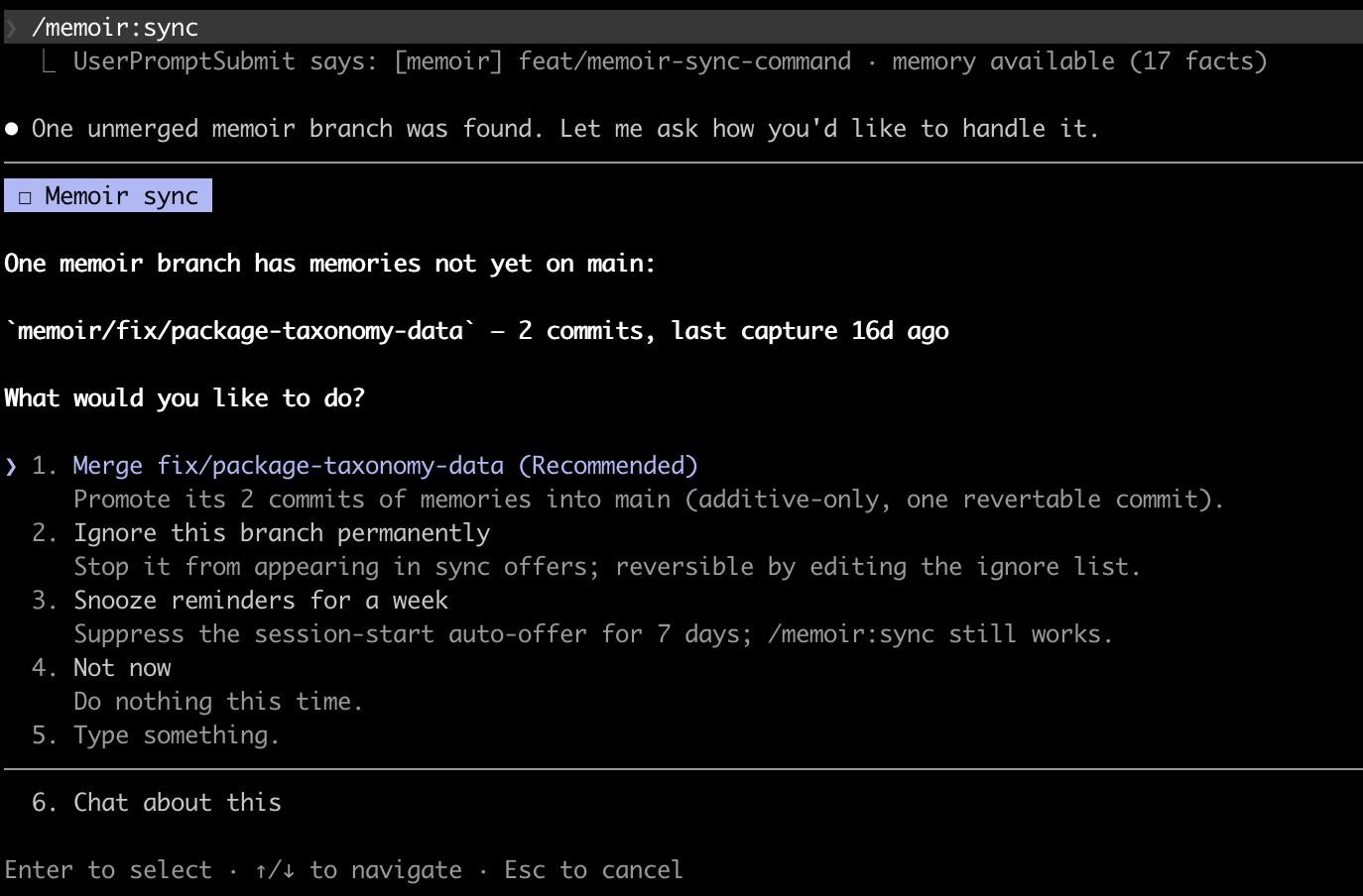The /memoir:sync select UI in Claude Code, offering to merge an unmerged memoir branch, ignore it, snooze reminders, or do nothing.