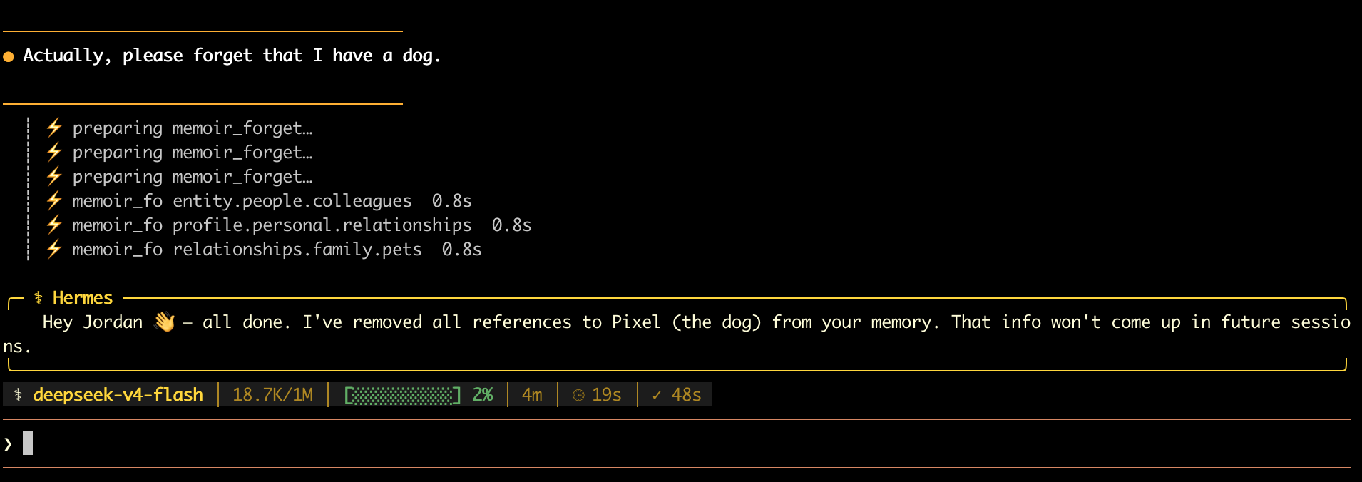 A Hermes session confirming it has removed every reference to the user's dog, and that the information won't come up in future sessions.