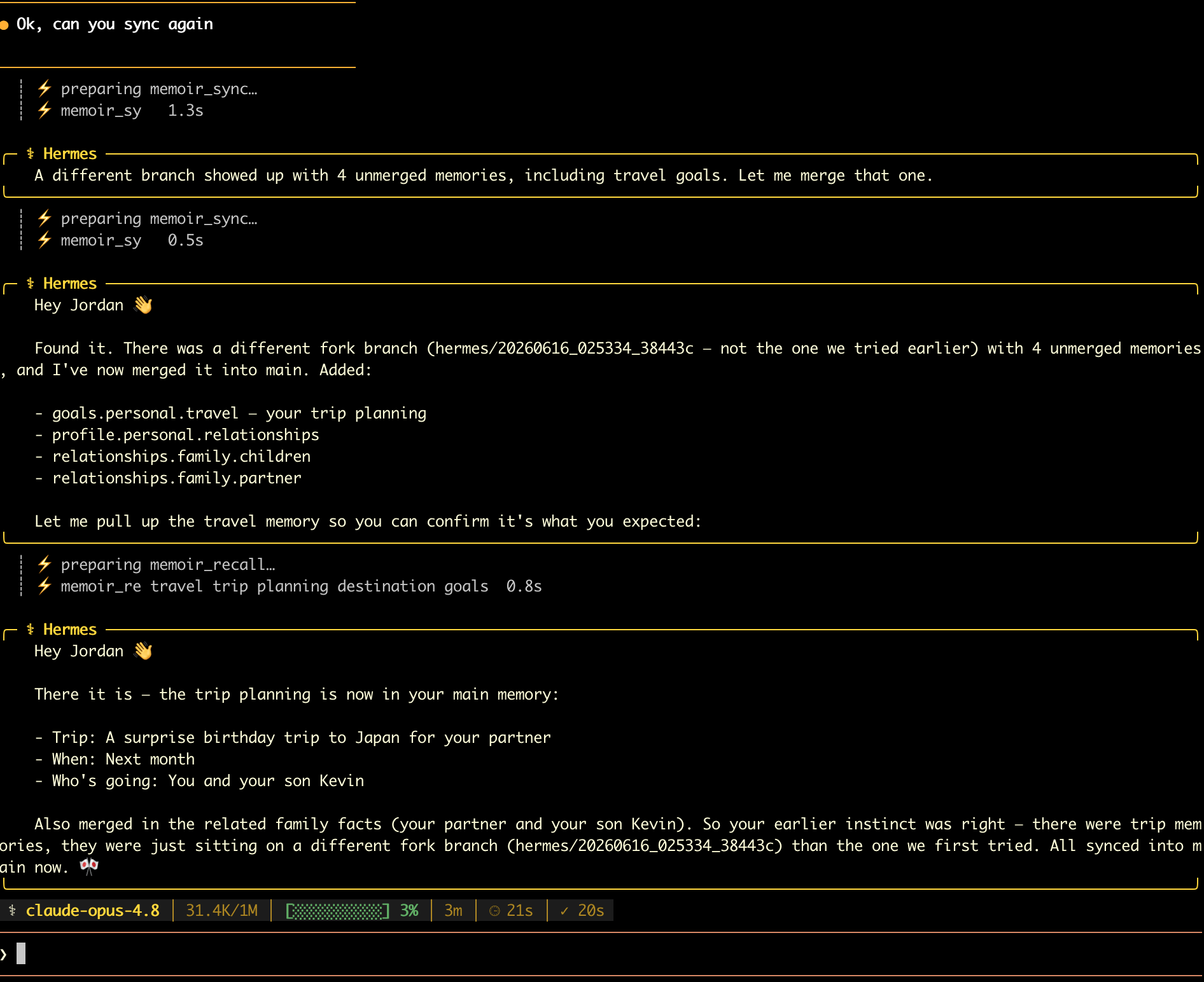 A Hermes session merging a private side-thread's memories — travel plans and related family facts — into the user's main memory after confirming.