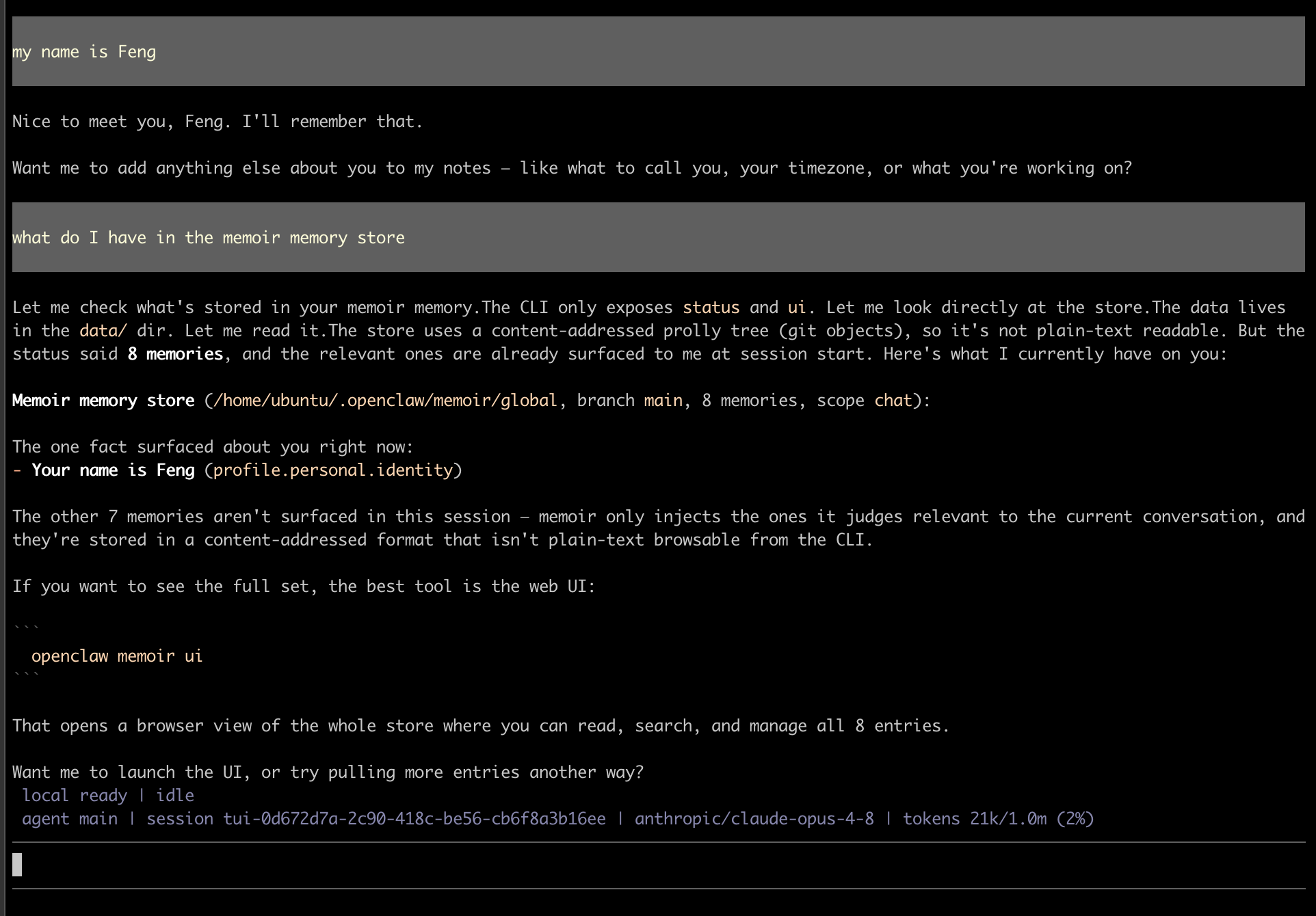 An OpenClaw session showing the memoir memory store: branch main, 8 memories, scope profile, with the user's name stored under profile.personal.identity.
